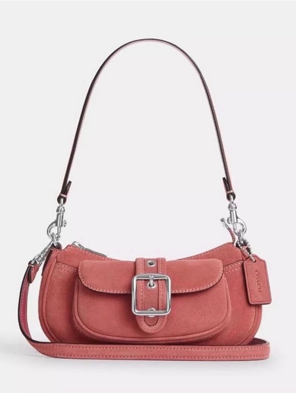 Coach Ashton Mini ShoulderBag in Coral/Salmon Suede with Front Buckle